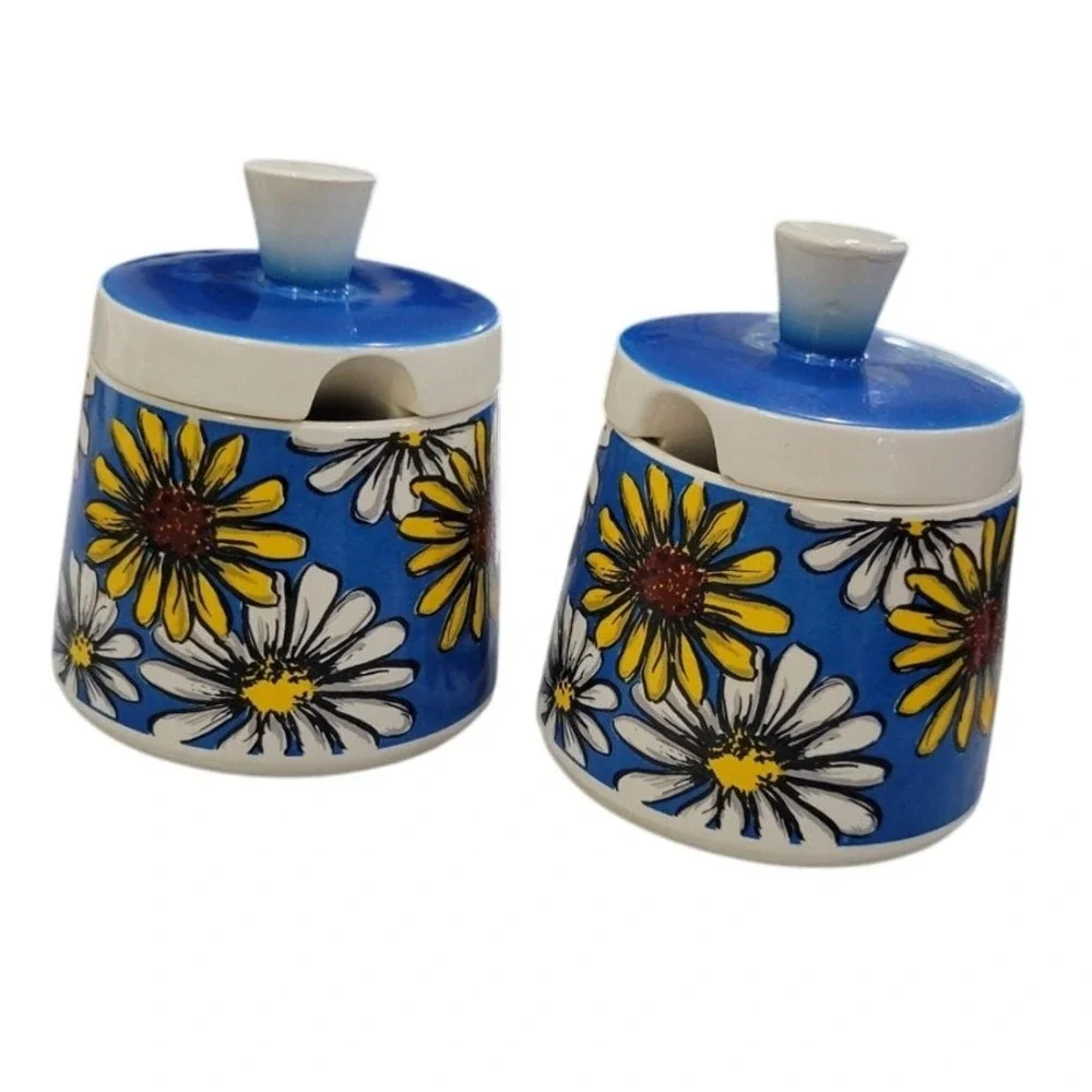 Vintage W. Goebel 1963 Germany Sugar Creamer Set Blue Daisy Floral Ceramic